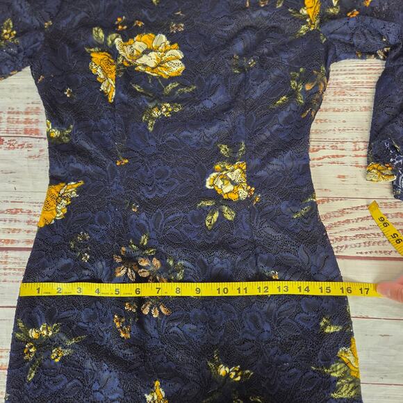 Dark Blue Lace Dress Yellow Roses M Bell Sleeve Line Whimsigoth Fairy Witch NWT - Picture 13 of 16